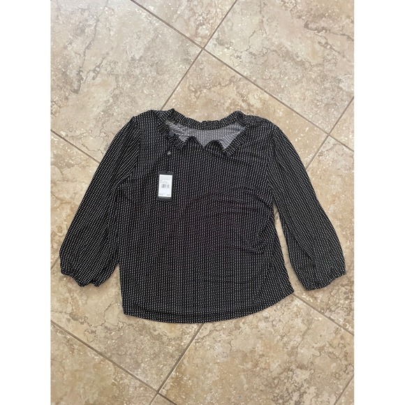 Adrianna Papell Ruffle‎ Neck Top 3/4 Sleeve Blouse Polka Dot Black White L - Picture 1 of 6